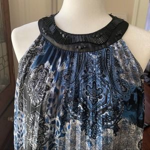 Jaipur Blue Halter Pleated Beaded Neck Blouse